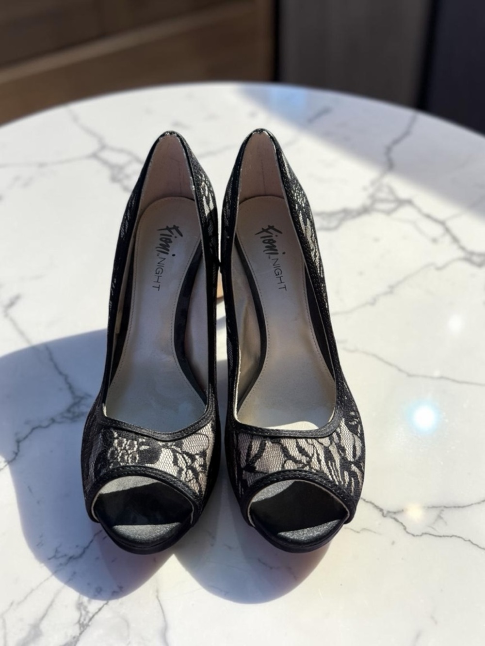 FIONI Clothing Black Lace Peep-Toe Pumps